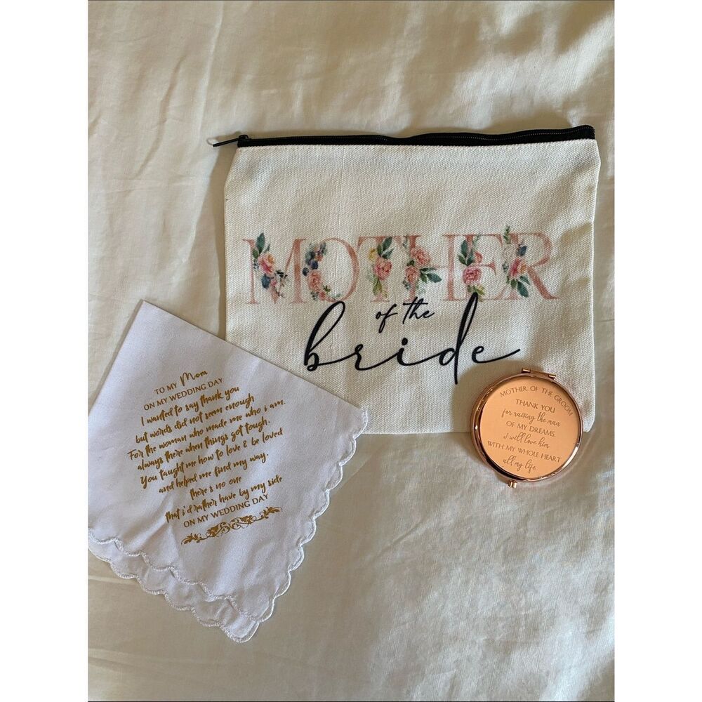 “Mother of the Bride” Floral Canvas Zipper Pouch - White & Black